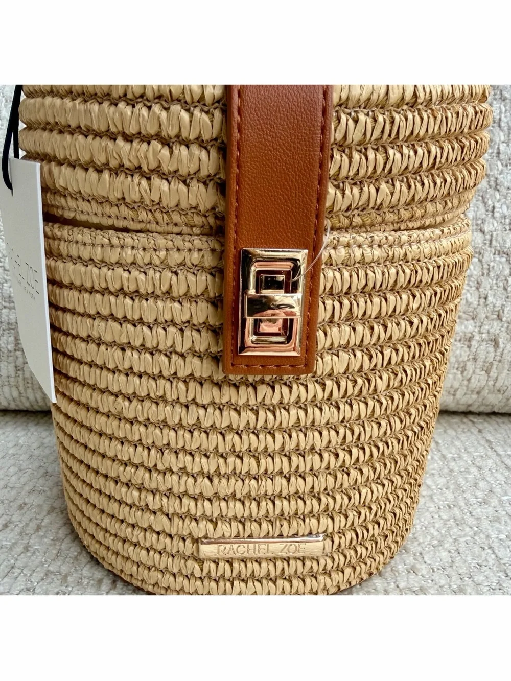 Rachel Zoe Woven Straw Cylinder Vanity Bucket Bag Crossbody Top Handle Studded - Picture 9 of 10